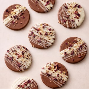 Peut inclure: Ronds de chocolat, certains trempés dans du chocolat blanc et striés de lignes de chocolat blanc. Garnis de pétales de rose séchées et de paillettes dorées. Un dessert gourmand.