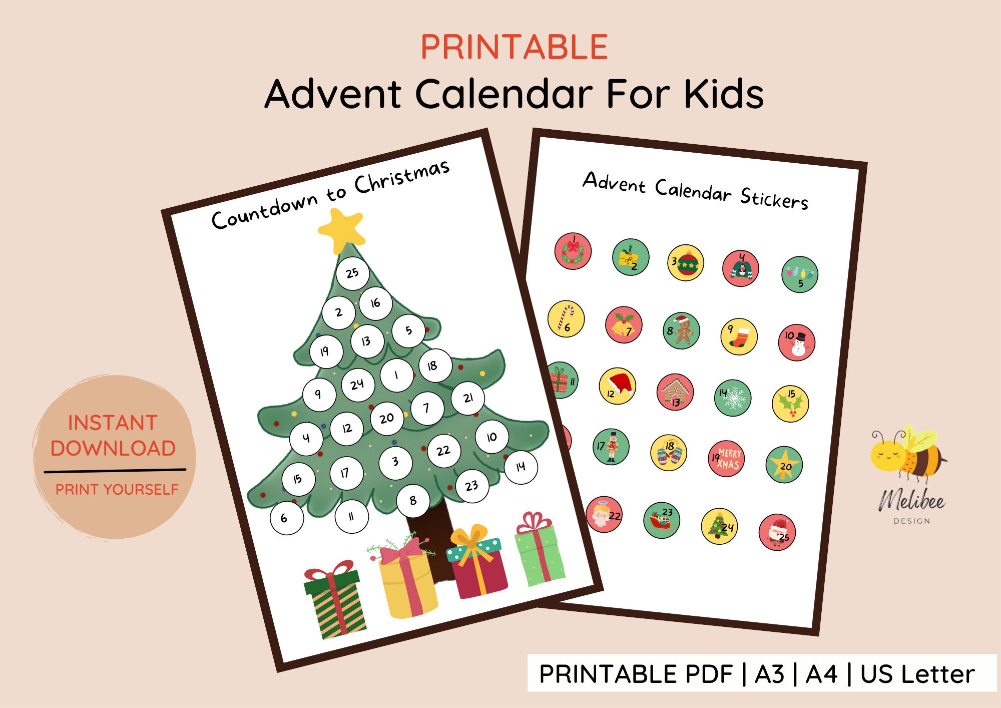 Printable Advent Calendar for Kids • Countdown to Christmas • Christmas ...