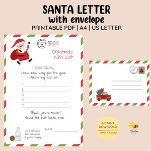 Druckbarer Brief an den Weihnachtsmann und Umschlag • Weihnachtsbrief • Weihnachtswunschliste für Kinder • Weihnachtsbrief • Lieber Weihnachtsmann • Weihnachtswunschliste