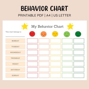 Könnte beinhalten: Ein druckbarer Verhaltens-Chart mit einem gelben Stern oben und dem Text "Mein Verhaltens-Chart". Die Tabelle hat eine Spalte für jeden Tag der Woche und fünf Spalten zur Bewertung des Verhaltens mit Emojis: ein rotes wütendes Gesicht, ein orangefarbenes trauriges Gesicht, ein gelbes neutrales Gesicht, ein grünes glückliches Gesicht und ein grünes sehr glückliches Gesicht.