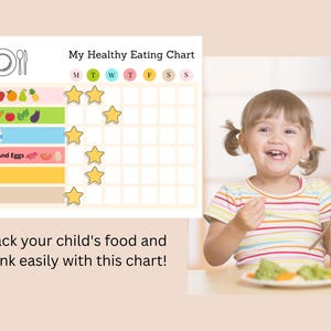 May include: A printable chart for tracking a child's healthy eating habits. The chart is divided into seven days of the week and includes categories for fruits, vegetables, dairy, meats, nuts, and eggs, grains, and water. Each category has a space for a star sticker to be placed for each day that the child eats from that category. The chart is illustrated with colorful icons and a plate with a fork and spoon.