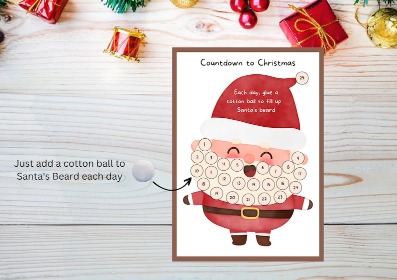 Printable Advent Calendar for Kids Santa Cotton Ball Beard Santa Countdown to Christmas Santa