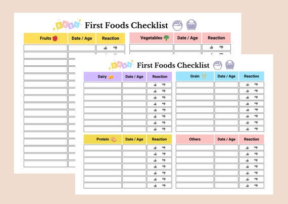 Printable Baby's First Foods Checklist Baby Food Tracker - Etsy