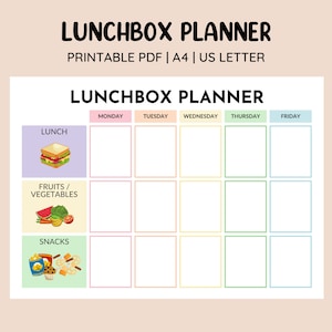 Puede incluir: Un planificador de lonchera imprimible con una cuadrícula colorida para planificar comidas durante cinco días de la semana. El planificador incluye secciones para el almuerzo, frutas/verduras y refrigerios. El planificador está etiquetado como "Lunchbox Planner" y "Printable PDF | A4 | US Letter".