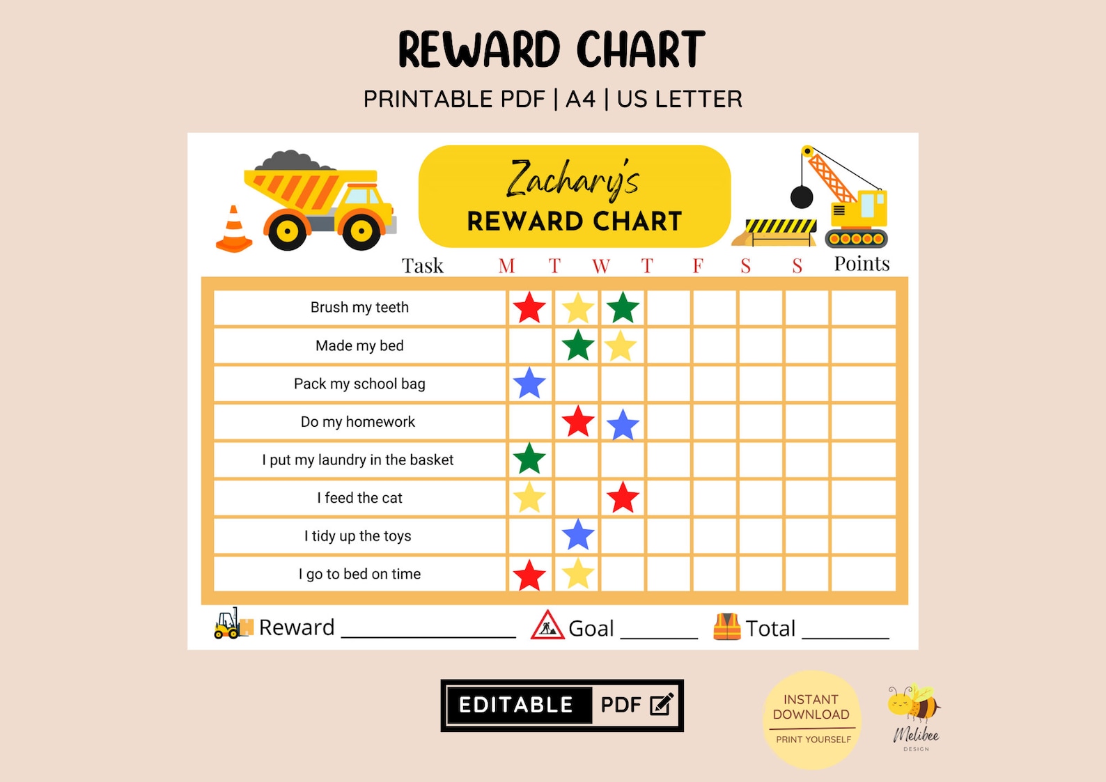 Editable Construction Chore Chart • Printable Kids Reward Chart ...