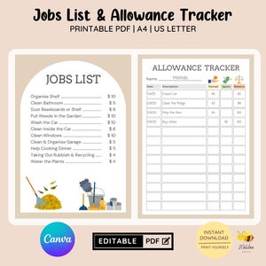 Peut inclure: Document PDF imprimable avec une liste de tâches et un suivi des allocations. La liste des tâches comprend des tâches telles que le nettoyage et le jardinage, avec des montants associés. Le suivi des allocations comporte des champs pour le nom, la date, la description, gagné, dépensé et solde.