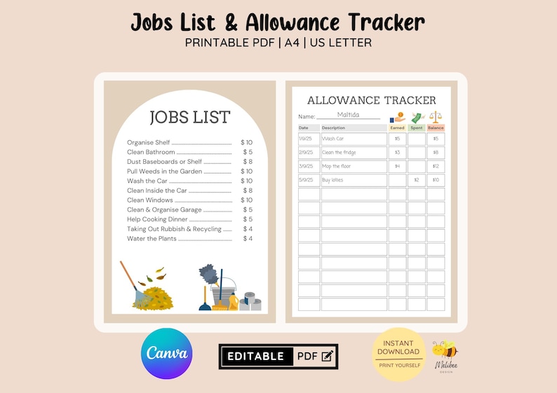 Allowence List Editable Kids Chore Chart & Allowance Tracker (PDF) - Etsy