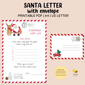 Druckbarer Brief an den Weihnachtsmann und Umschlag • Weihnachtsbrief • Weihnachtswunschliste für Kinder • Weihnachtsbrief • Lieber Weihnachtsmann • Weihnachtswunschliste