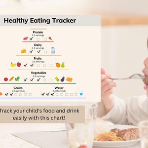 May include: A colourful chart titled "Healthy Eating Tracker" with tick boxes to track servings of different food groups, including protein, dairy, fruits, vegetables, grains, and water. The chart is designed to help parents track their child's food intake.