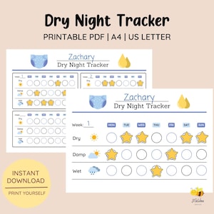 Pode incluir: Gráfico de rastreamento de noites secas imprimível para uma criança chamada Zachary. O gráfico tem um esquema de cores azul e amarelo e inclui uma seção para cada noite da semana. O gráfico também inclui ícones para seco, úmido e molhado.