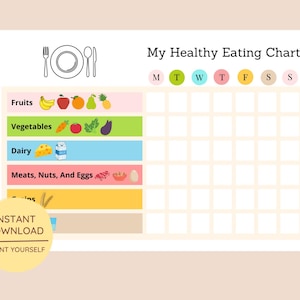 May include: A printable chart for tracking healthy eating habits. The chart is divided into sections for fruits, vegetables, dairy, meats, nuts, and eggs. Each section has a colorful icon representing the food group. The chart also includes a grid for tracking daily food intake for each day of the week.