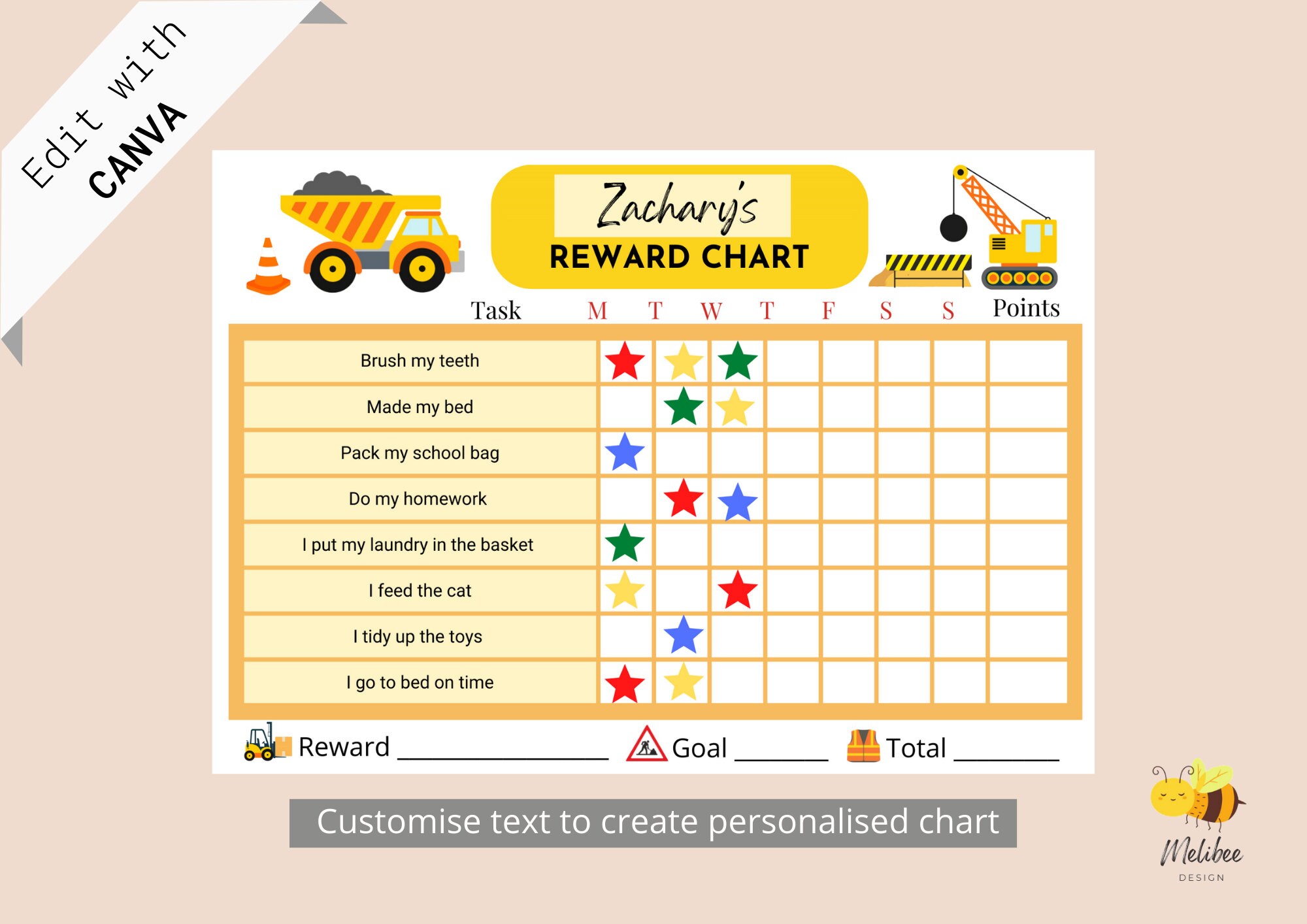 Editable Construction Chore Chart • Printable Kids Reward Chart ...