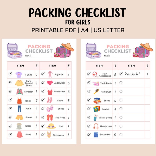 Druckbare Packliste für Mädchen • Kinder Packliste • Urlaubsreisen Packliste • Urlaub Urlaub Packliste