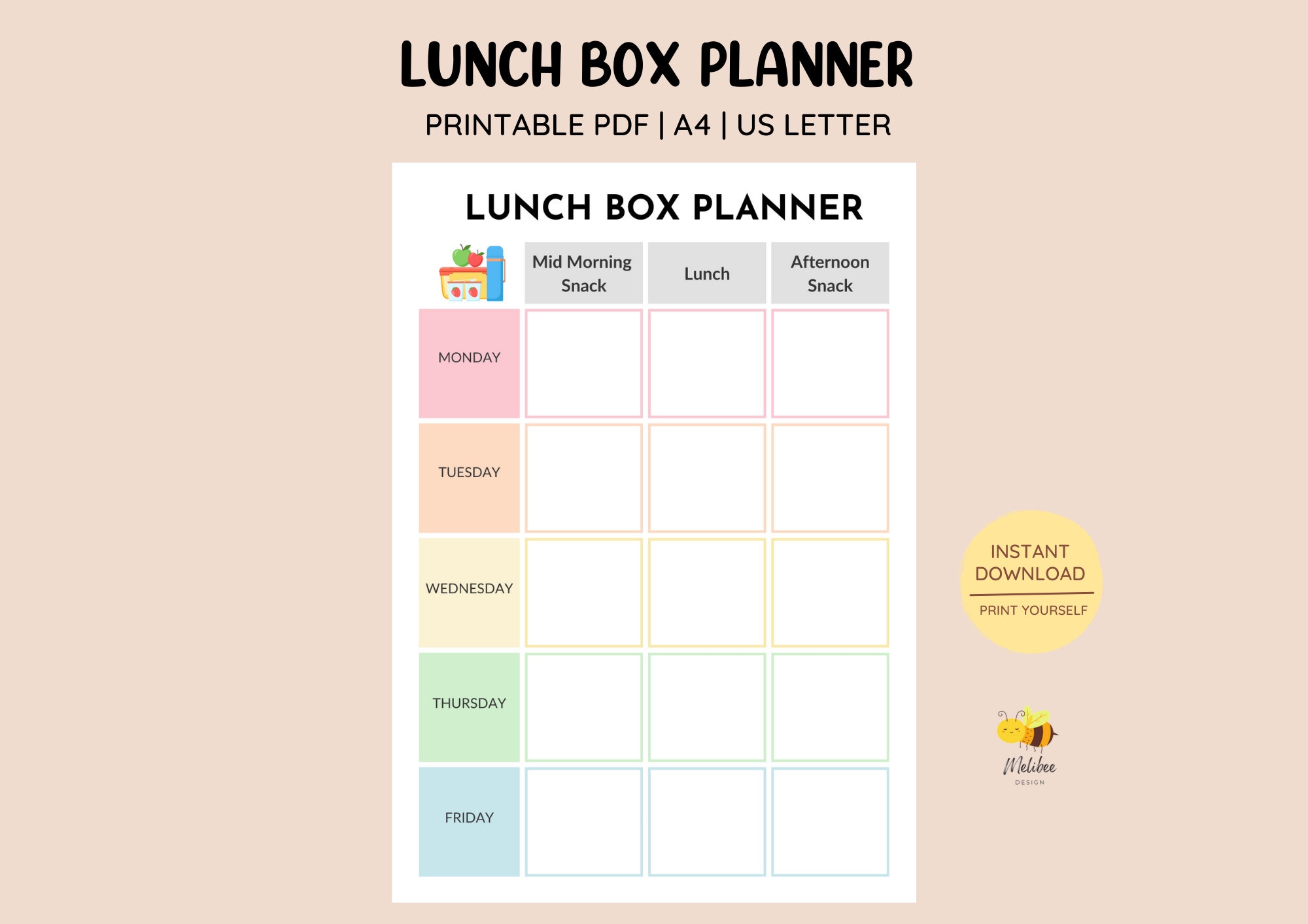 Printable Kids School Lunchbox Weekly Planner • Packing Kids Lunchbox • Lunchbox Idea • Lunchbox ...