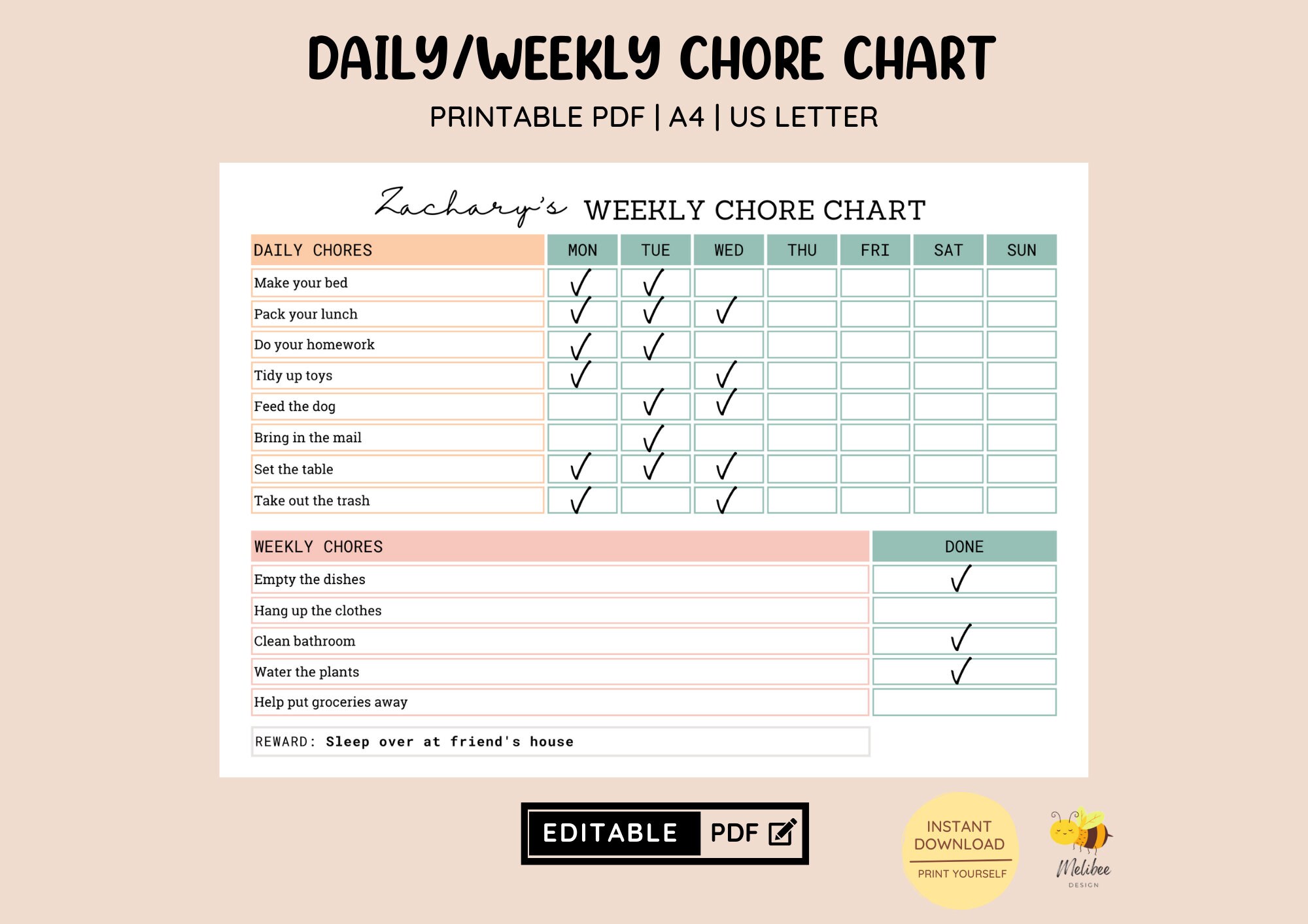 EDITABLE Daily Weekly Chore Chart • Printable Daily Weekly Schedule ...