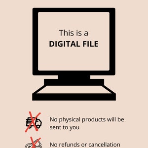 K&ouml;nnte beinhalten: Schwarz-wei&szlig;-Illustration eines Computermonitors mit dem Text "Dies ist eine DIGITALE DATEI". Ein rotes X ist &uuml;ber ein LKW-Symbol und ein Dollar-Symbol mit einem roten X gezeichnet. Der Text "BITTE BEACHTEN:" befindet sich oben im Bild. Der Text unter den Symbolen lautet "Keine physischen Produkte werden an Sie versandt" und "Keine R&uuml;ckerstattungen oder Stornierungen bei K&auml;ufen."