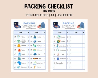 Lista de verificación de embalaje para imprimir para niños • Lista de embalaje para niños • Lista de embalaje para viajes de vacaciones • Lista de comprobación de embalaje para vacaciones