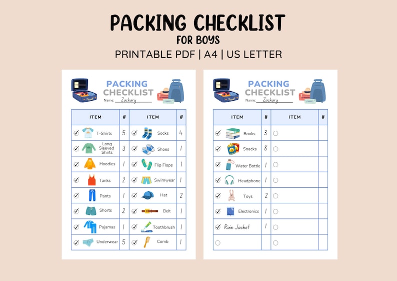 Printable Packing Checklist for Boys • Kids Packing List • Vacation ...