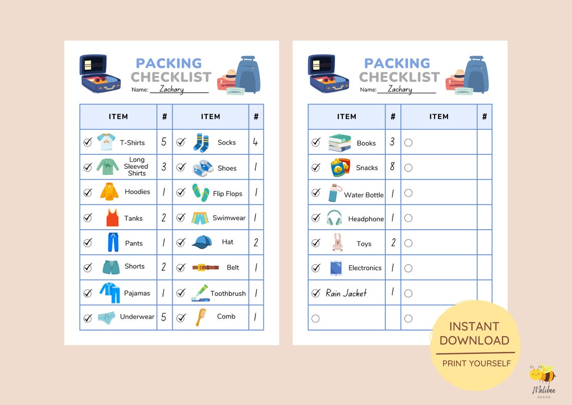 Printable Packing Checklist for Boys • Kids Packing List • Vacation Travel Packing List ...