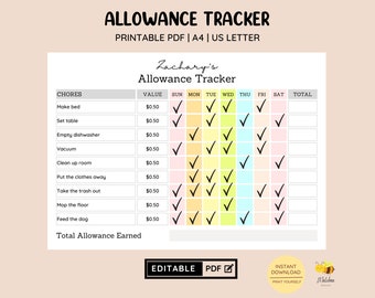 EDITABLE Allowance Tracker • Kids Incentive Chart • Allowance Chore Chart • Kids Saving Tracker • Behaviour Reward Chart