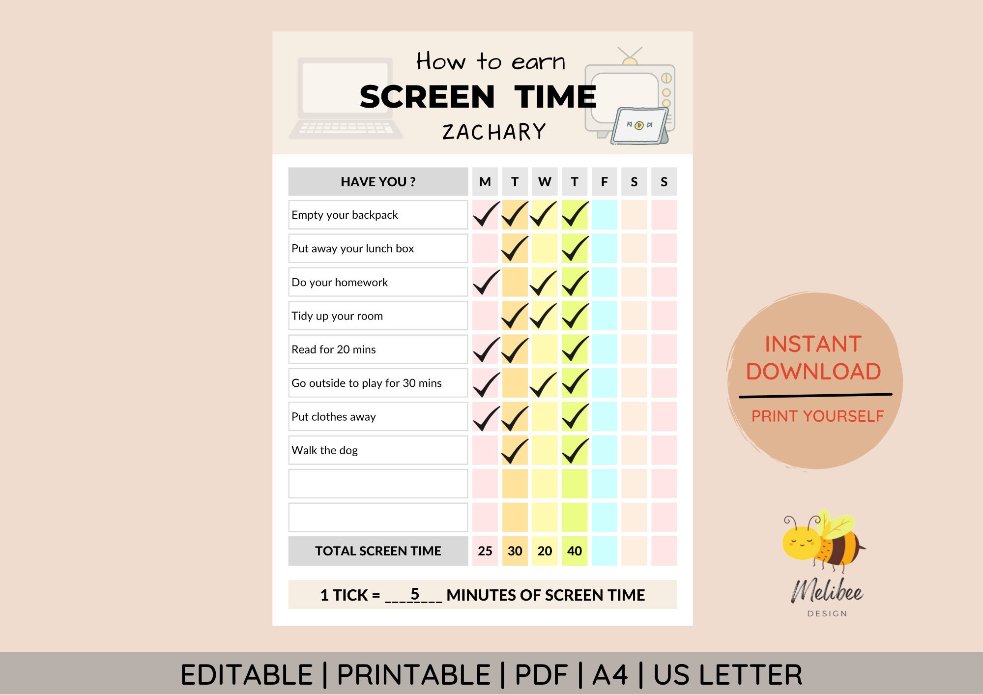 EDITABLE Screen Time Tracker Chart Screen Time Rules Etsy Australia