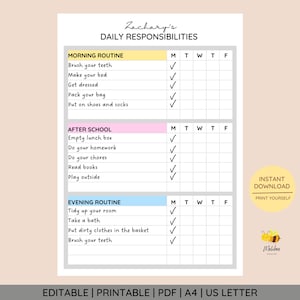 EDITABLE Daily Responsibilities Chart • Daily Checklist • Printable Chore Chart • Daily Routine • To Do List • Digital Template