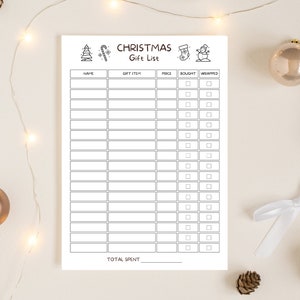 Druckbare Weihnachtsgeschenkliste • Weihnachtsplaner • Geschenk-Tracker • Geschenkideen • Geschenk-Checkliste • Weihnachtsorganisation • Weihnachtszeit