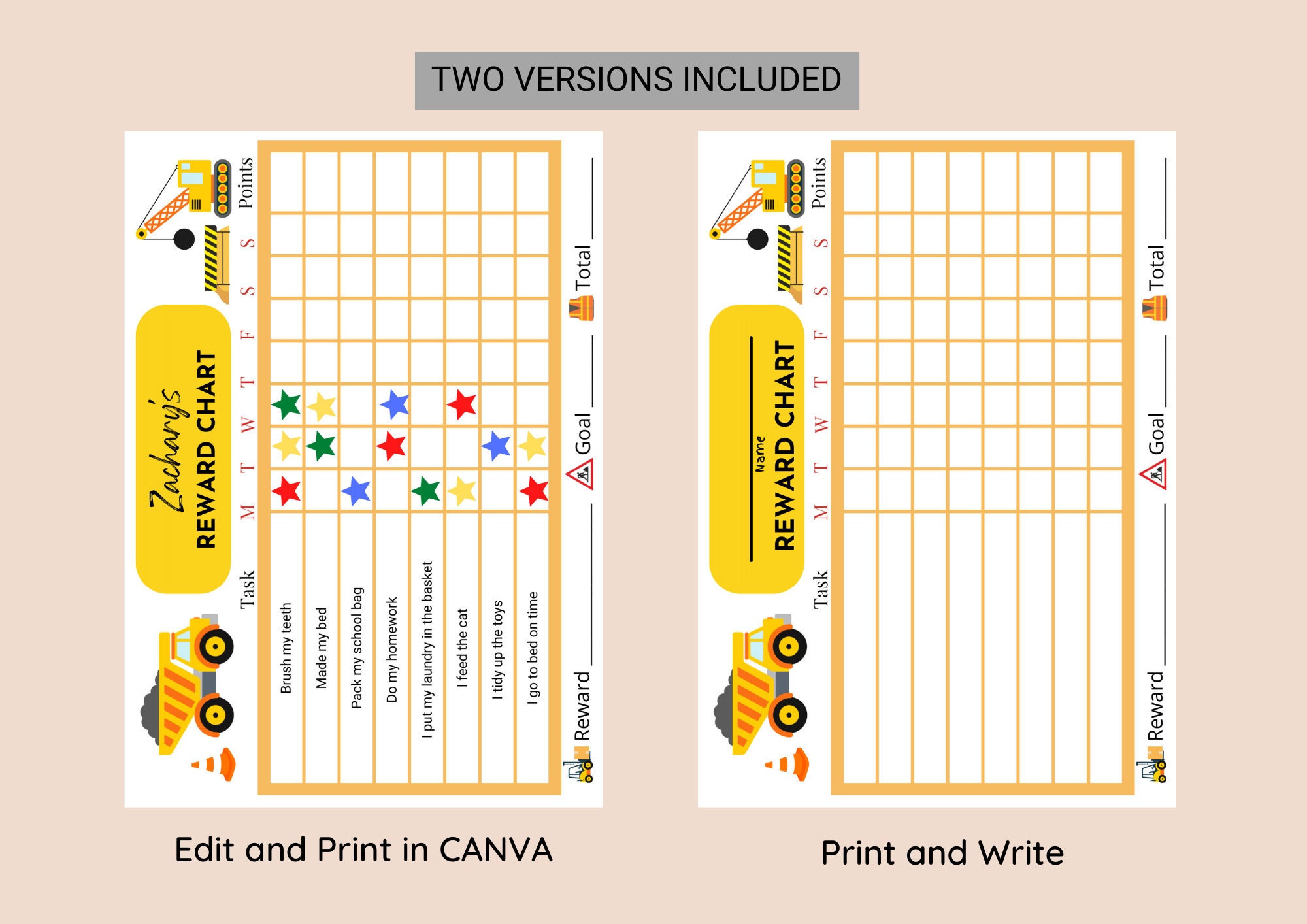 Editable Construction Chore Chart • Printable Kids Reward Chart ...