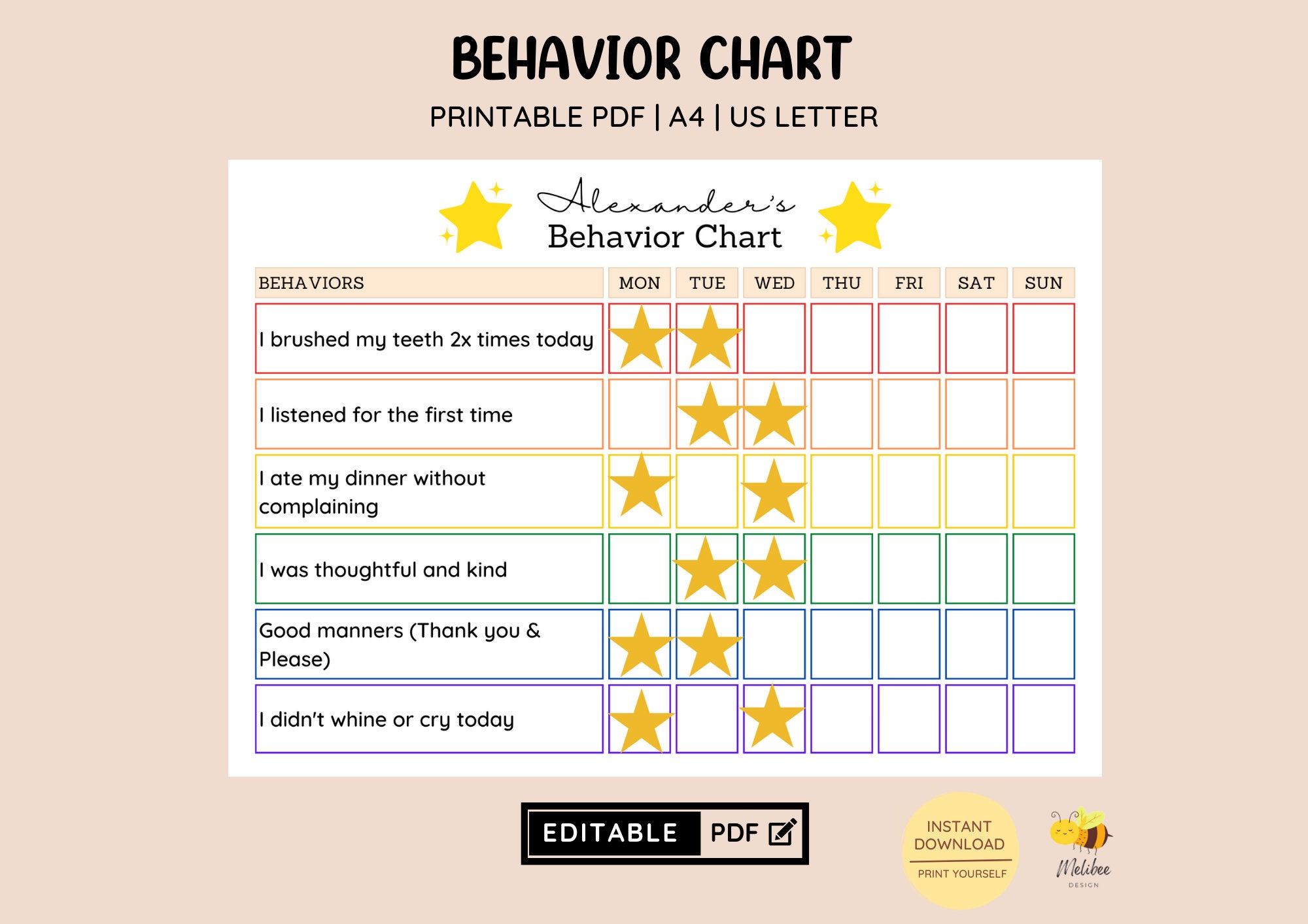 EDITABLE Kid's Behavior Chart • Printable Chart • Sticker Chart