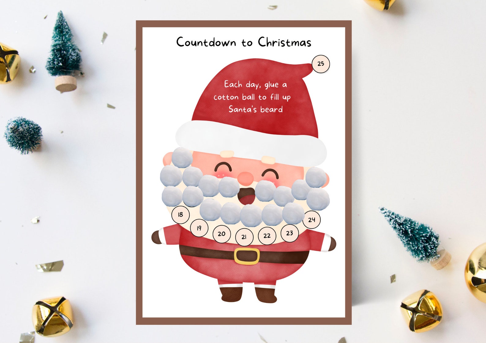Printable Advent Calendar for Kids Santa Cotton Ball Beard Santa Countdown to Christmas Santa
