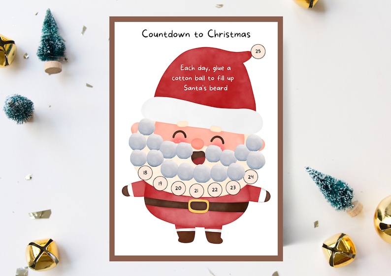 Printable Advent Calendar for Kids Santa Cotton Ball Beard Santa Countdown to Christmas Santa