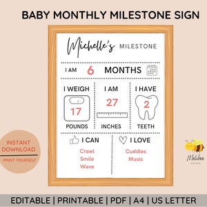 BEWERKBARE Baby maandelijkse mijlpaal teken • Baby maandelijkse statistieken sjabloon • Afdrukbaar mijlpaalbord • Baby aandenken • Canva-sjabloon