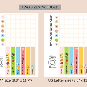 May include: Printable healthy eating chart with a grid for tracking food groups. The chart includes a plate with a fork and knife, and a list of food groups: fruits, vegetables, dairy, meats, nuts, and eggs, grains, and water. The chart is available in two sizes: 8.3 inches by 11.7 inches and 8.5 inches by 11 inches.