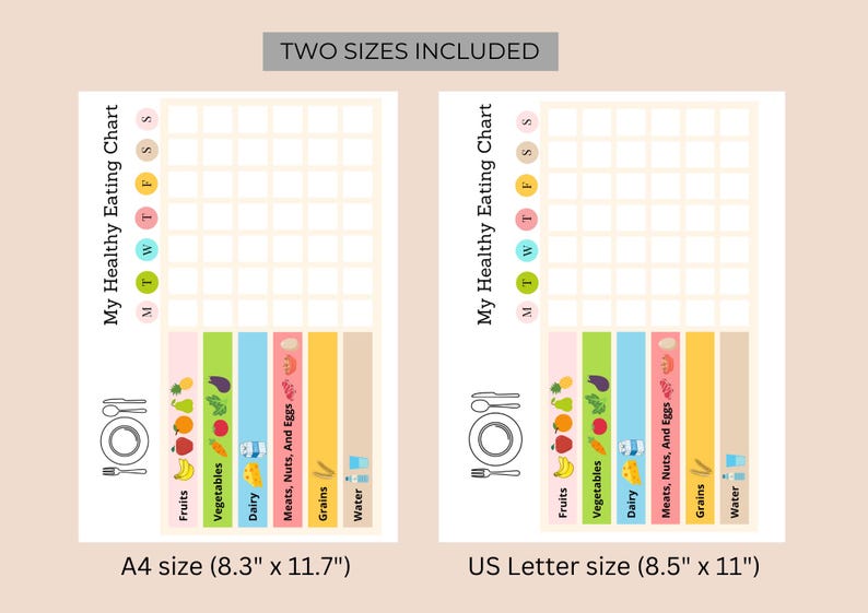 May include: Printable healthy eating chart with a grid for tracking food groups. The chart includes a plate with a fork and knife, and a list of food groups: fruits, vegetables, dairy, meats, nuts, and eggs, grains, and water. The chart is available in two sizes: 8.3 inches by 11.7 inches and 8.5 inches by 11 inches.