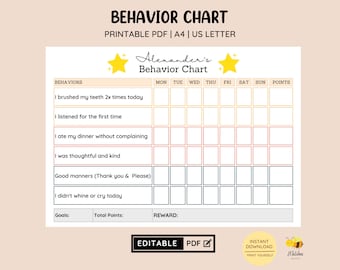 EDITABLE Kid's Behavior Chart • Printable Points Reward Chart • Sticker Chart • Behavior Management • Toddler Behavior • PDF Template