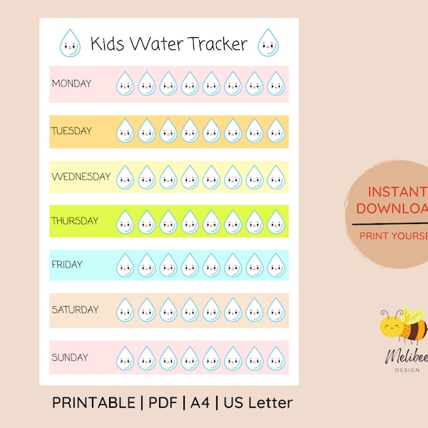 Printable Kids Water Tracker • Hydration Tracker • Healthy Lifestyle • Cute Water Tracker • Kids Habit • PDF Template