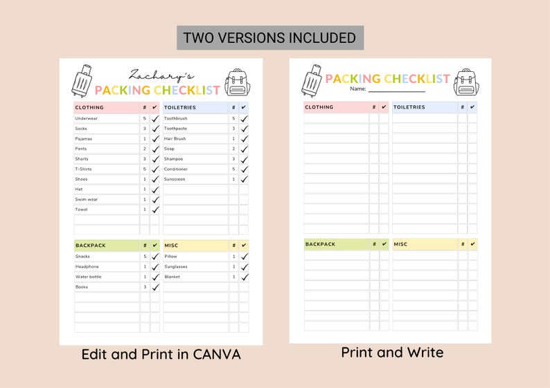 Editable Packing Checklist for Kids • Kids Packing List • Vacation ...
