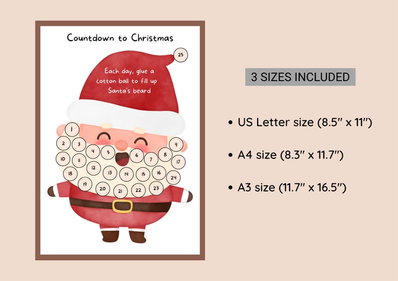 Printable Advent Calendar for Kids Santa Cotton Ball Beard Santa Countdown to Christmas Santa