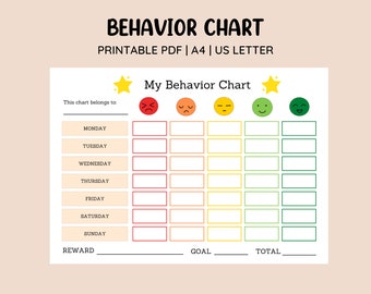 Könnte beinhalten: Ein druckbarer Verhaltens-Chart für Kinder mit einem farbenfrohen Design. Der Chart enthält einen Abschnitt für jeden Tag der Woche, mit Platz zum Markieren des Verhaltens mit Emojis. Er enthält auch Abschnitte für Belohnung, Ziel und Gesamt.