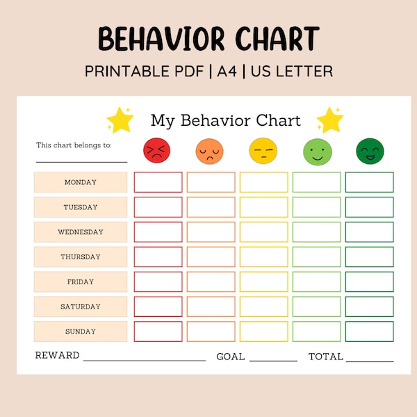 Printable Emotion Scale Behavior Chart • Points Reward Chart • Colourful Kids Behavior Chart • Sticker Chart • Behavior Management