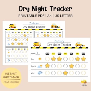 May include: Printable dry night tracker chart for a child named Zachary. The chart features a yellow construction truck theme with a sun, cloud, and raindrop icons. The chart includes spaces for each day of the week and a section for dry, damp, and wet.