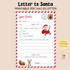 Carta imprimible a Papá Noel • Carta de Papá Noel • Lista de deseos navideños para niños • Carta de Navidad • Papá Noel • Querido Papá Noel • Lista de deseos de Papá Noel