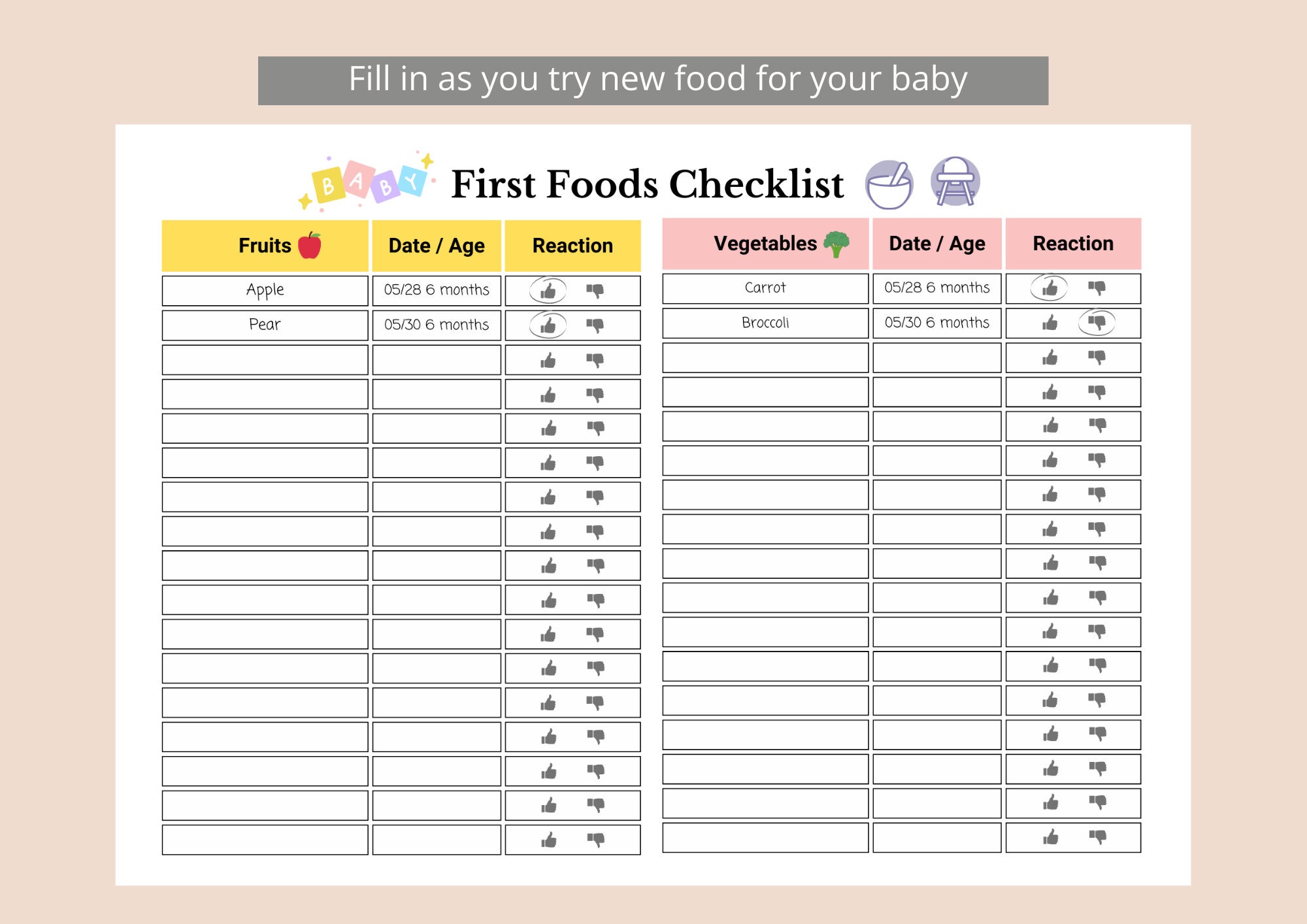 Printable Baby's First Foods Checklist • Baby Food Tracker • Baby Food