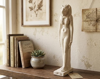 May include: A beige-colored statue of a lion-headed figure, standing on a rectangular base. The statue is on a wooden shelf with books, a potted succulent, and framed artwork. The figure has a detailed face and a slender body.