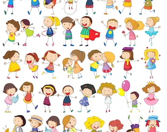 May include: A colorful illustration of children playing and interacting with each other. The children are drawn in a simple, cartoon style with bright colors and various expressions.