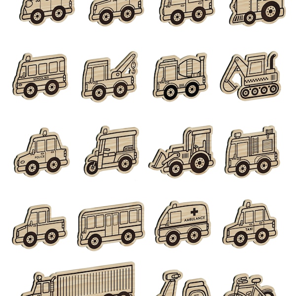 Vehicle plotter and laser cut files svg, pdf, ai,png, dxf. Fire, ambulance, police car, train, scholl bus, car, excavator, bus, bicycle,