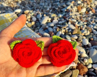 Crochet Rose Appliques, Rose Embellishments for clothes,cardigan, blanket,Flower Decor For Hat or pillow, Knit Rose Applique,Rose With Leav