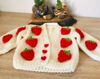 Hand knitted strawberry toddler cardigan ,chunky cardigan, knitted toddler cardigan, strawberry sweater