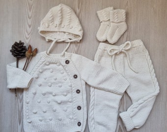 Cotton Knitwear Set for Babies, Newborn Coming Home Outfit set, Baby Homecoming Dress, Knitted Baby Clothes, Organic Cotton Homecoming Dress