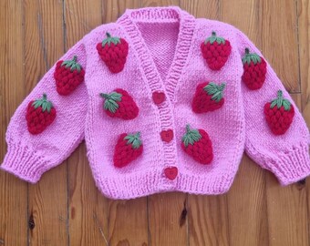 Hand knitted chunky cardigan, strawberry cardigan, chunky toddler cardigan, 3D strawberry cardigan